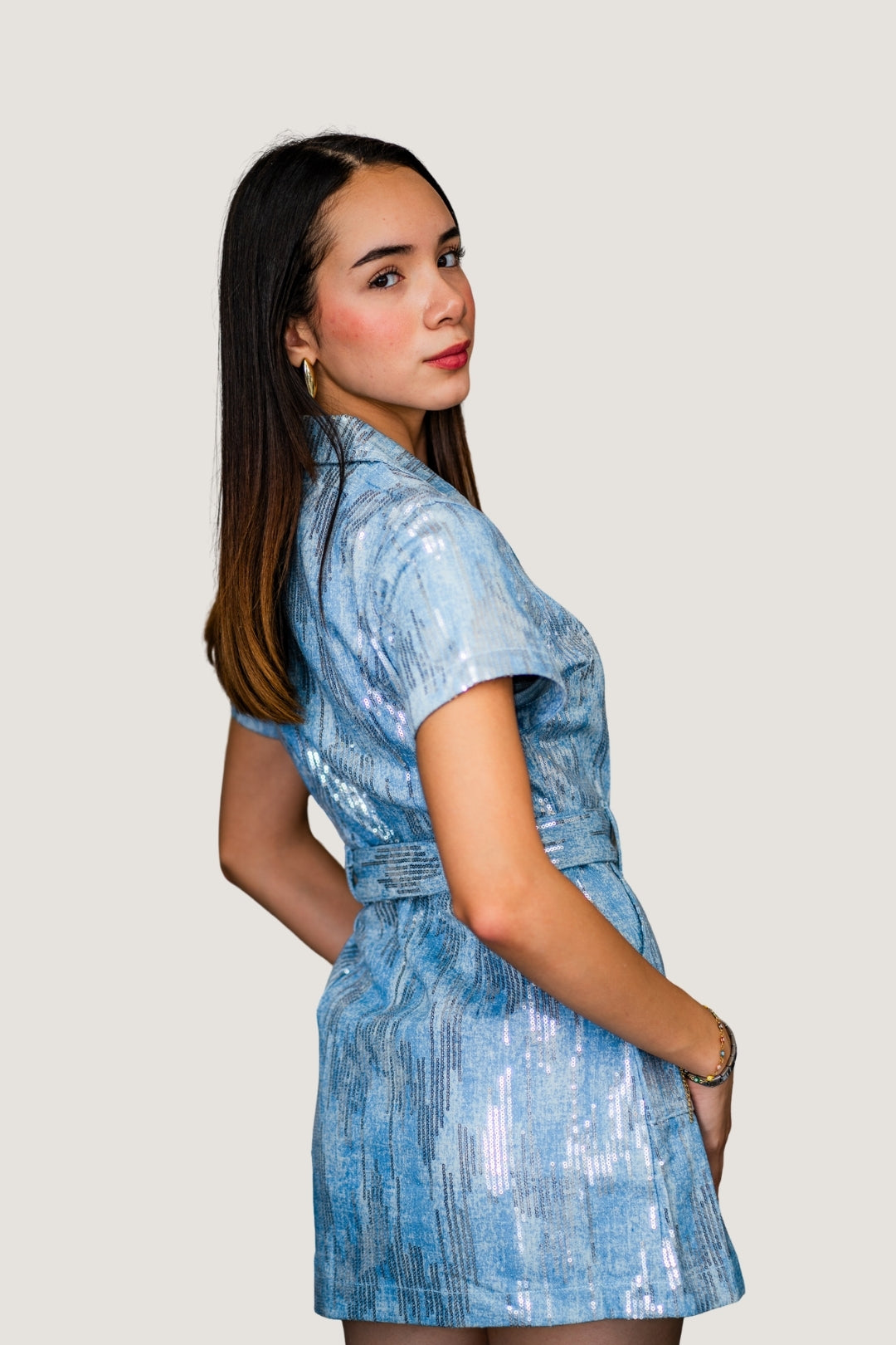 Vestido de Mezclilla con Detalles de Lentejuelas Azul